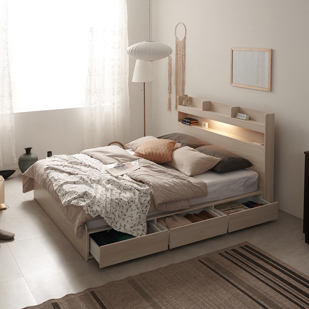 라피스 LED 수납형 슈퍼싱글/퀸 침대+본넬 매트리스, 메이플 309,000원