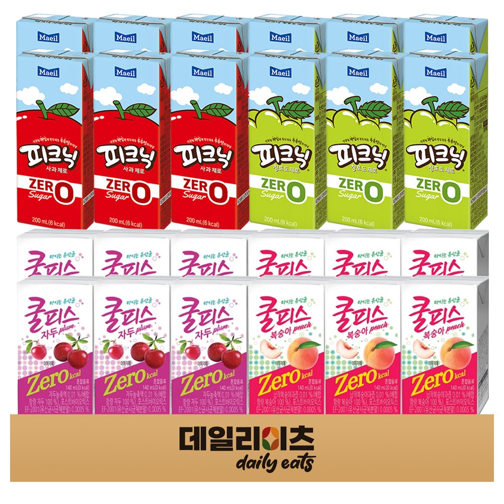드링크팩 과일음료 제로칼로리 4종류 24팩 (피크닉제로 사과6 청포도6 쿨피스제로 복숭아6 자두6) 19,800원
