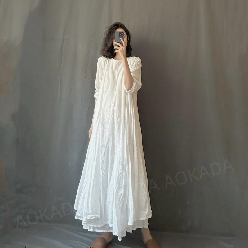 AOKADA 여성 봄 여름 심플 오버핏 라운드넥 긴팔 A라인 맥시 원피스 32,810원