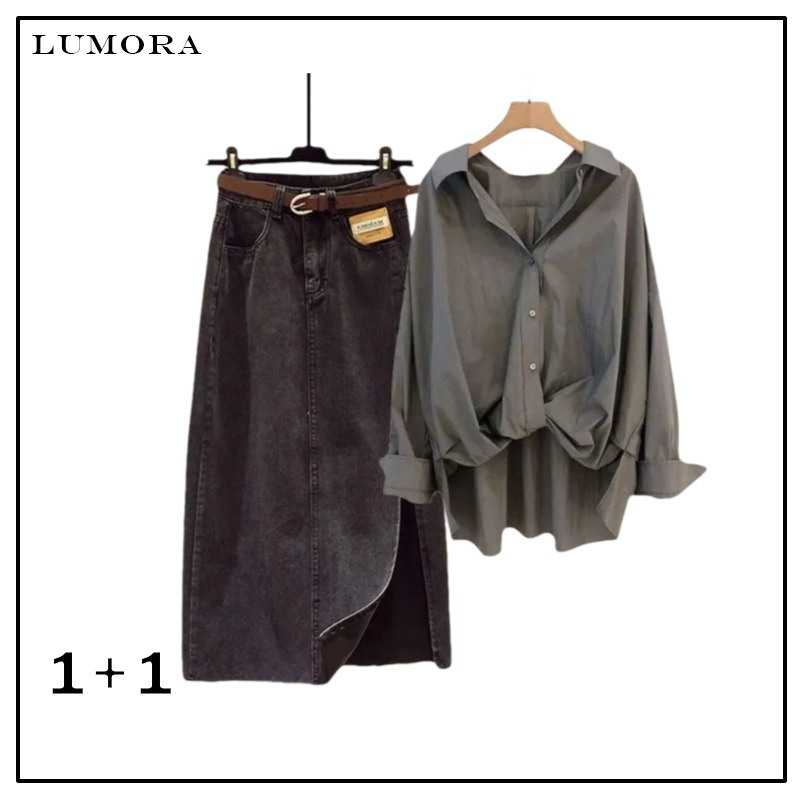LUMORA 1+1 여성 빅 사이즈 스커트 쓰리피스 캐주얼 상의 데님 스커트 세트 X437Z 34,800원