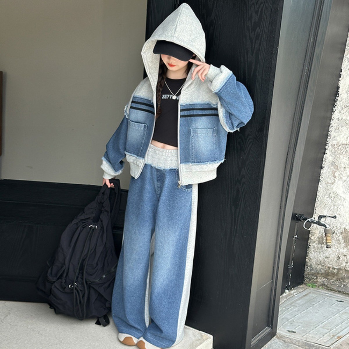 비비키드 여아 신상 데님 라인 포인트 후드집업 초등생 긴팔 상의 초중생 하의 긴바지 주니어 세트 봄 가을 초등생 상의+하의 (R98) 46,800원