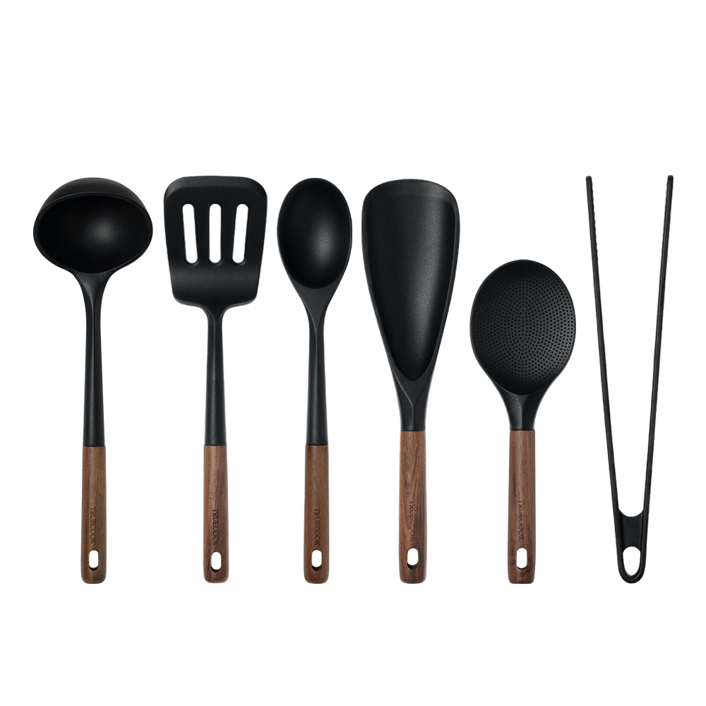 트루쿡 북미산 월넛 실리콘 조리도구 6종 세트, 1세트, 블랙, 국자+뒤집개+서빙스푼+멀티스푼+주걱+집게 69,000원