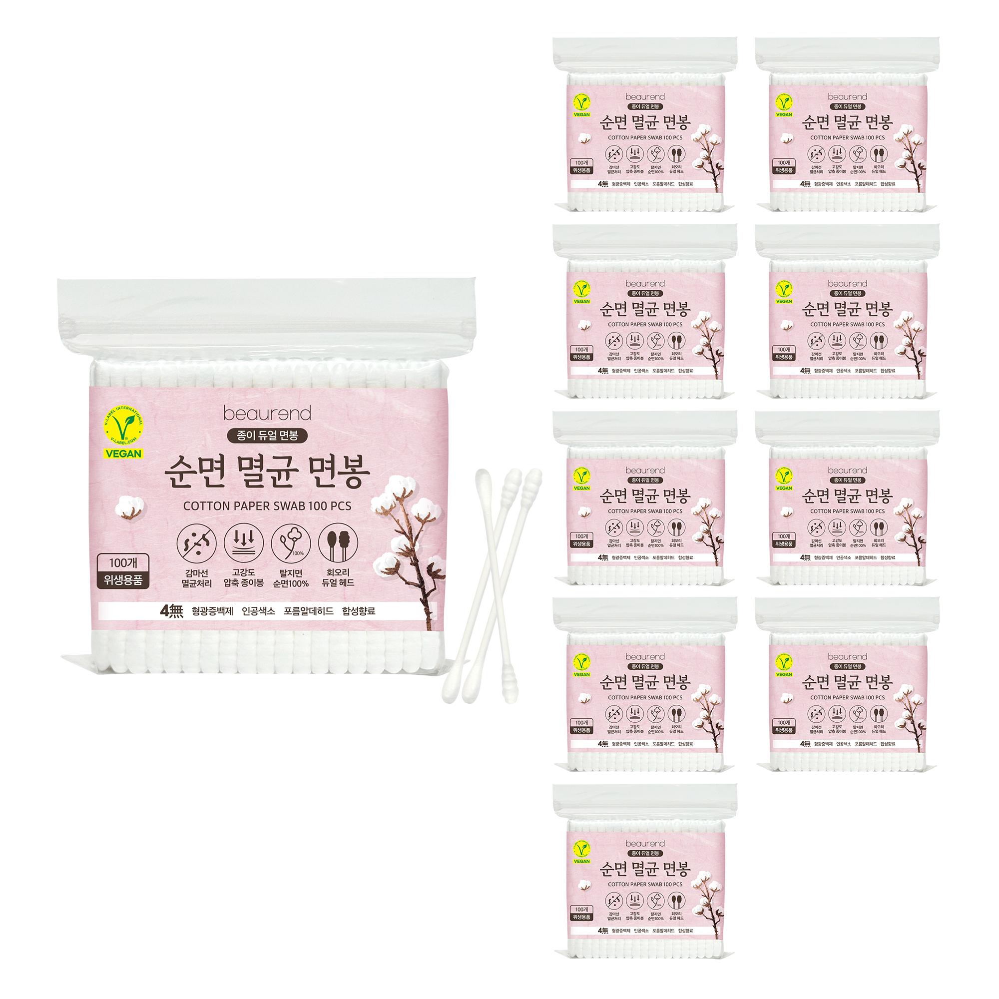 뷰렌드 비건 순면 멸균 종이 면봉, 100개입, 10개 6,000원