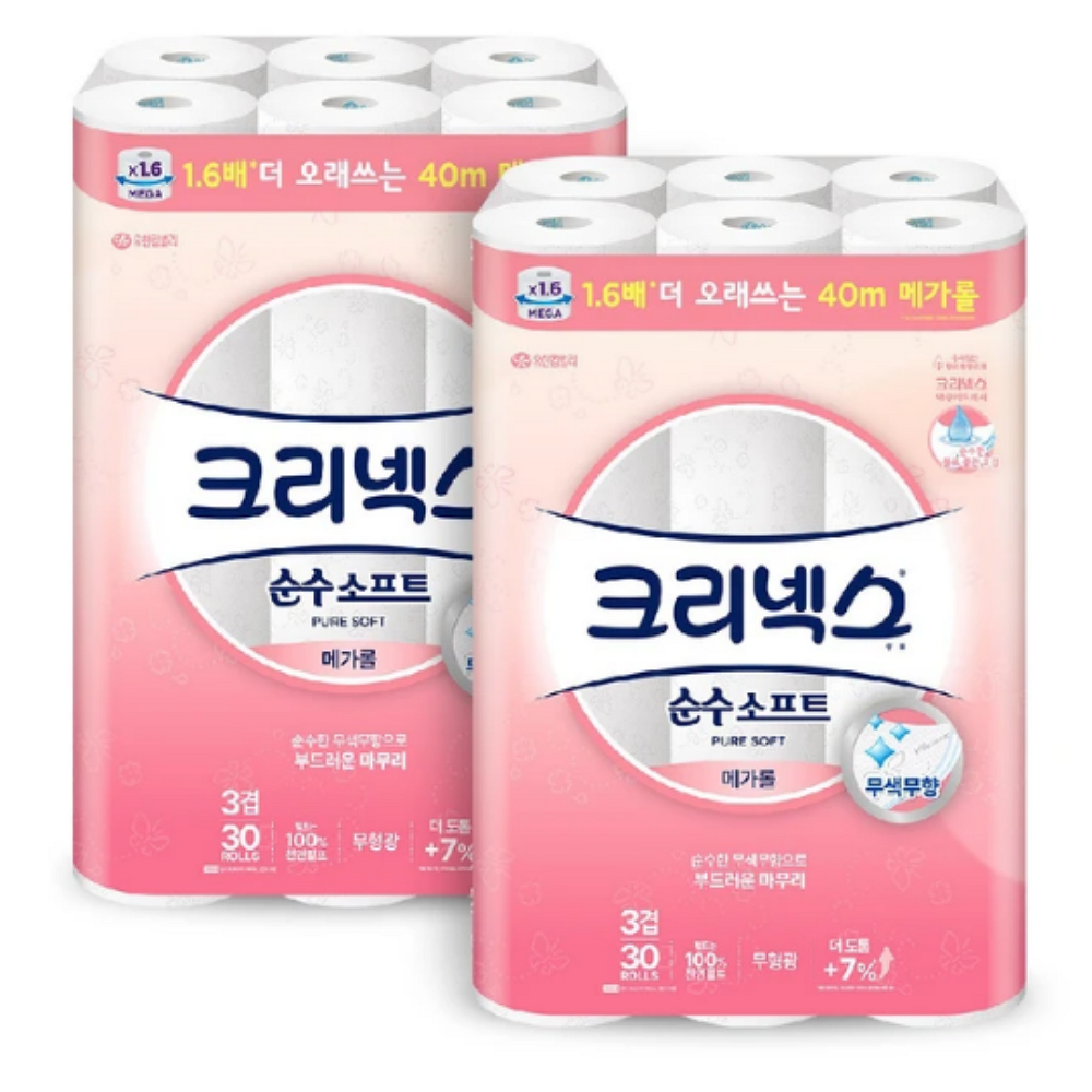 새벽상사 크리넥스 순수소프트 메가롤 40m x 30롤 x 2개, 2개, 30롤, 40mm 47,990원