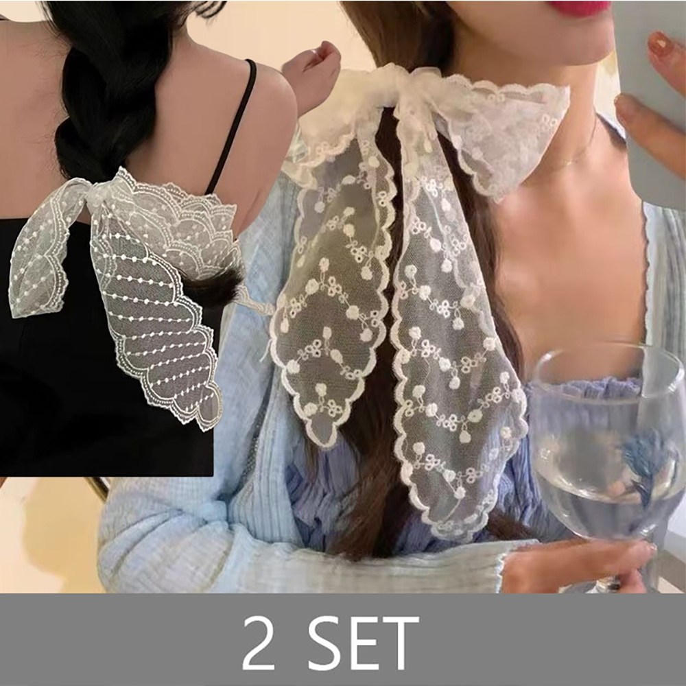 ROYALBELLE 1+1세트(2장묶음) 여성 레이스 리본 스카프 장식 끈 포인트 코디 롱타이 헤어밴드 허리끈 패션소품 B0041823 12,700원