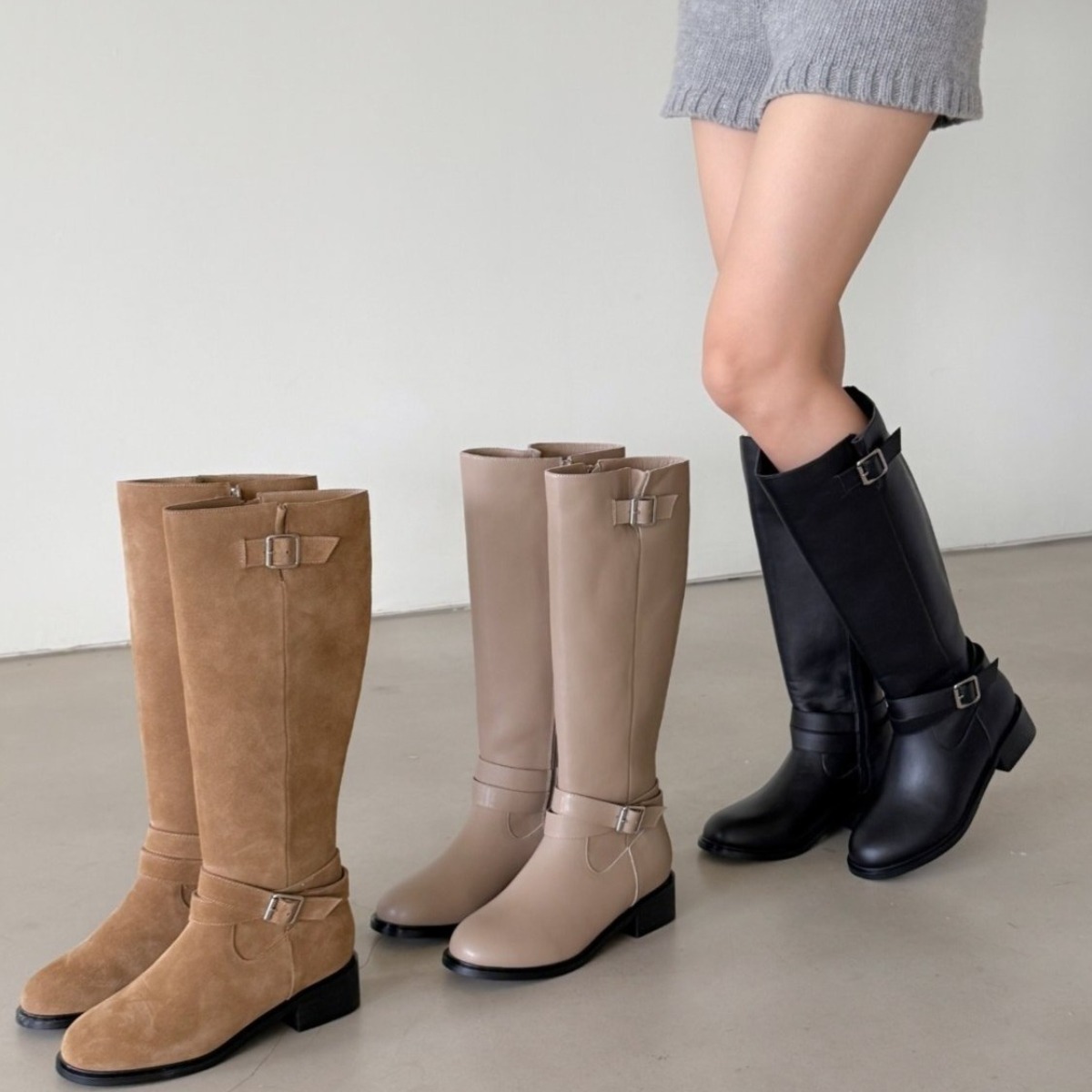 블랑쉬엘 3cm 라운드토 버클 리얼가죽 스웨이드 롱부츠 간절기코디 92,800원