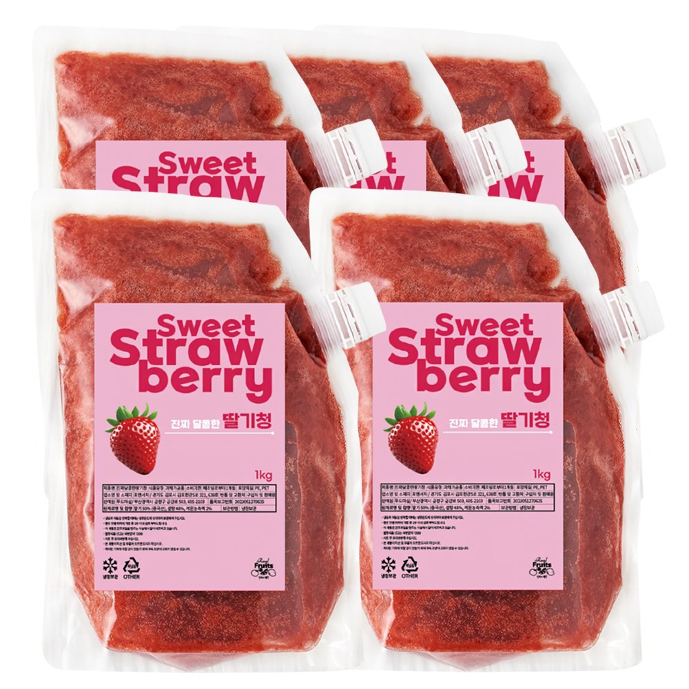 달콤한 딸기청 카페납품 대용량 천연당으로 만든 과육이 씹히는 수제청, 5개, 1kg 49,900원