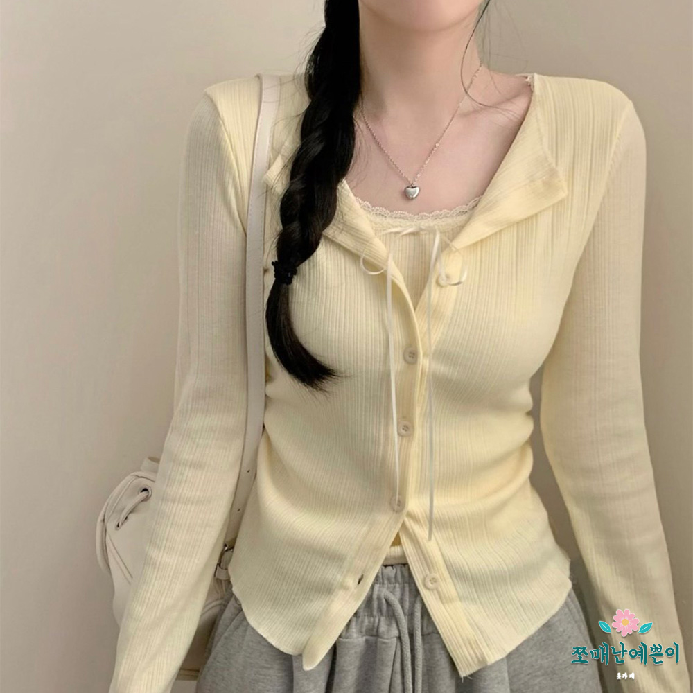 쪼예 레이어드 일체형 레이스 리본 나시 긴팔 가디건 티셔츠 22,410원