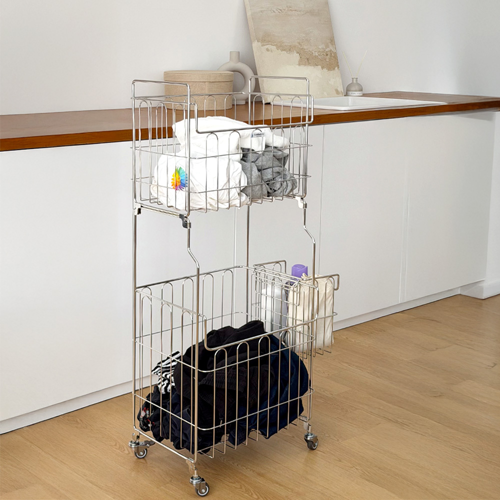 윤쓰공간 올스텐304 이동식 세탁 빨래바구니 멀티트롤리 2단 105L 129,000원