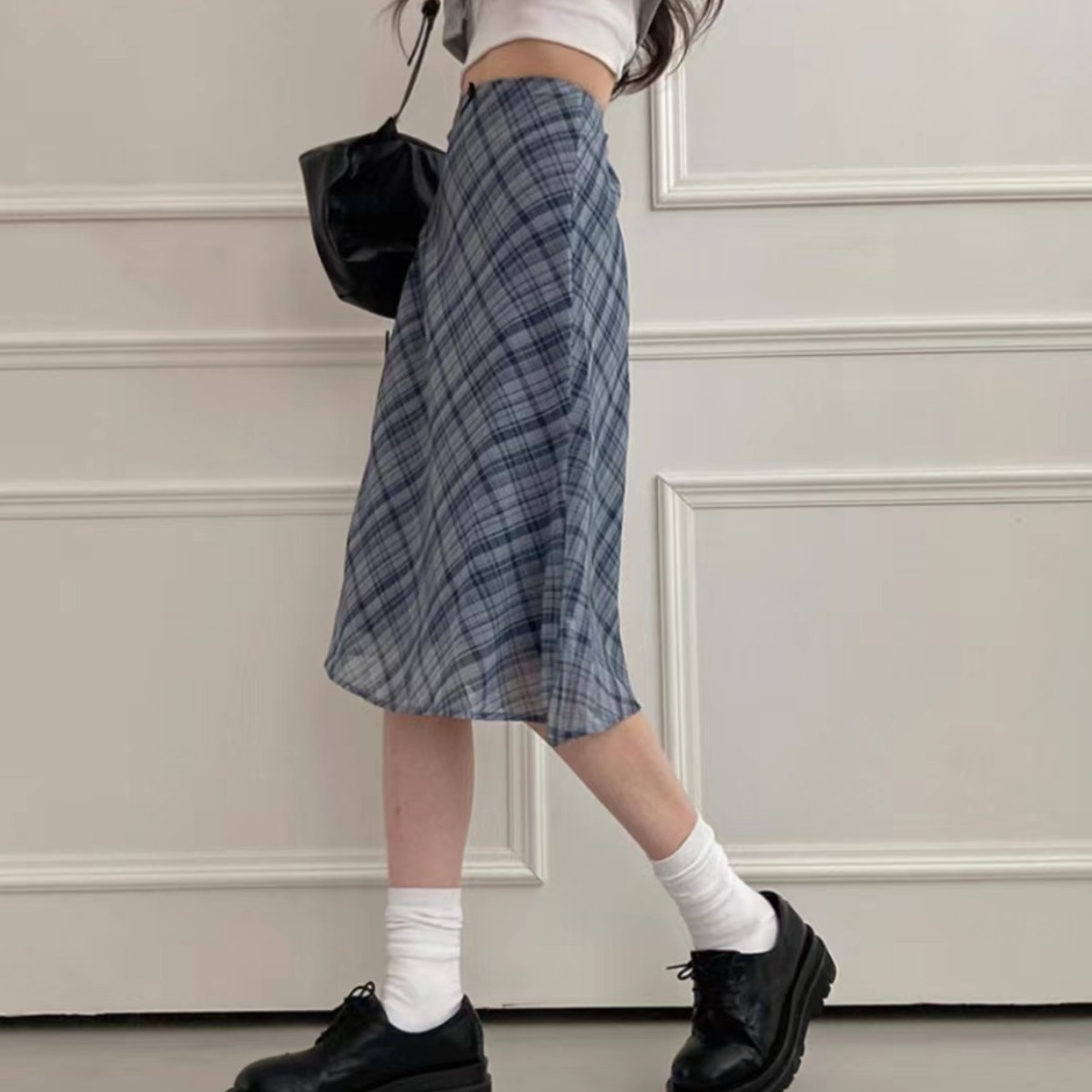 밤의여신 여성용 쉬폰 체크 미디 스커트 봄 캐주얼 밴딩 치마 30,900원