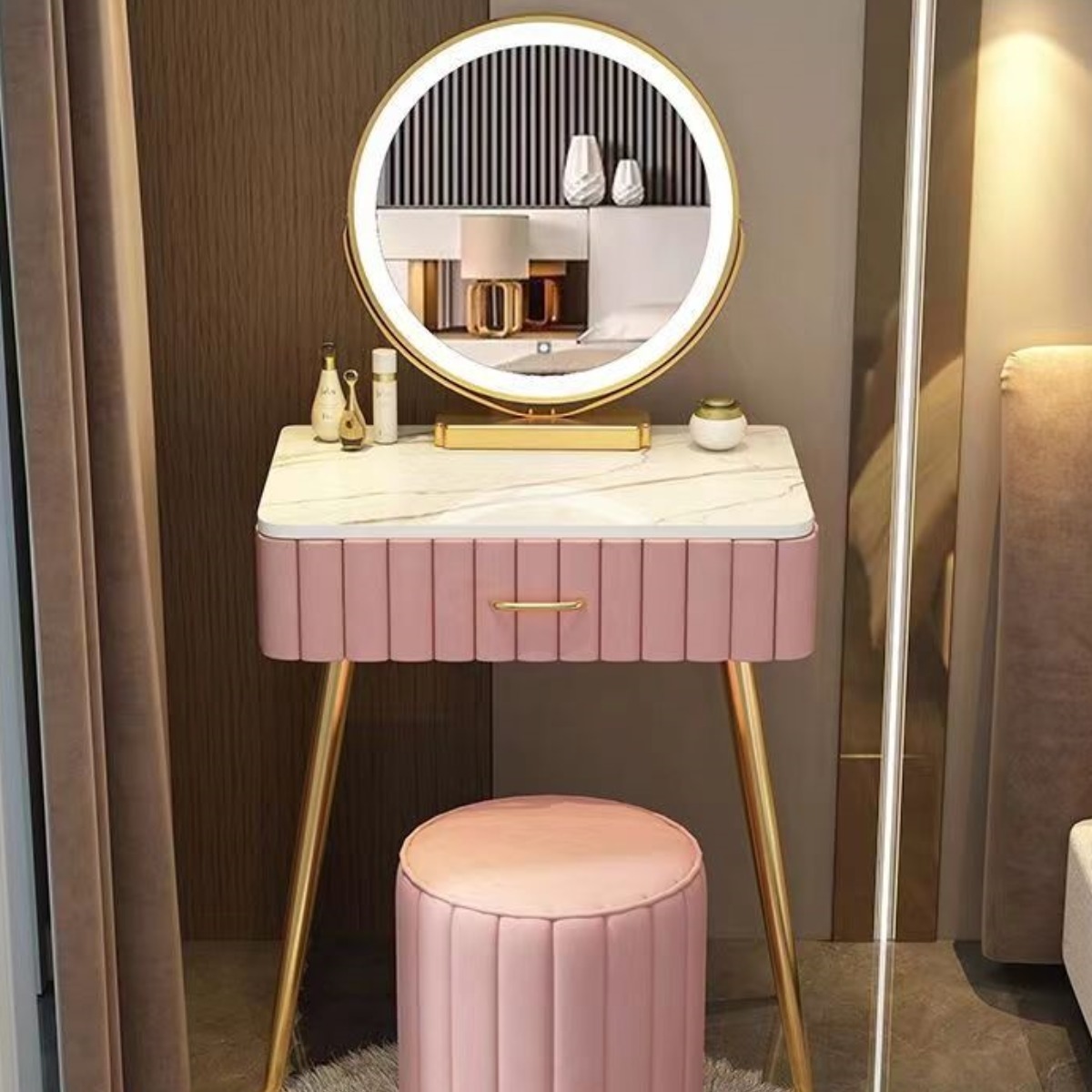 경기도 미니좌식 화장대 수납 타입 확장 가능한  삼색가구  세트 (화장대+수납장+LED거울+화장의자) 북유럽풍 심플 화장대 (3~9일 도착) LA-1950 145,000원