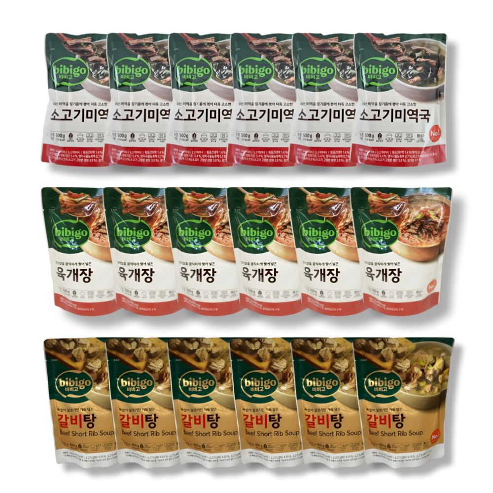 CJ 비비고 육개장 500g + 소고기미역국 500g + 갈비탕 400g 6팩씩 155,500원