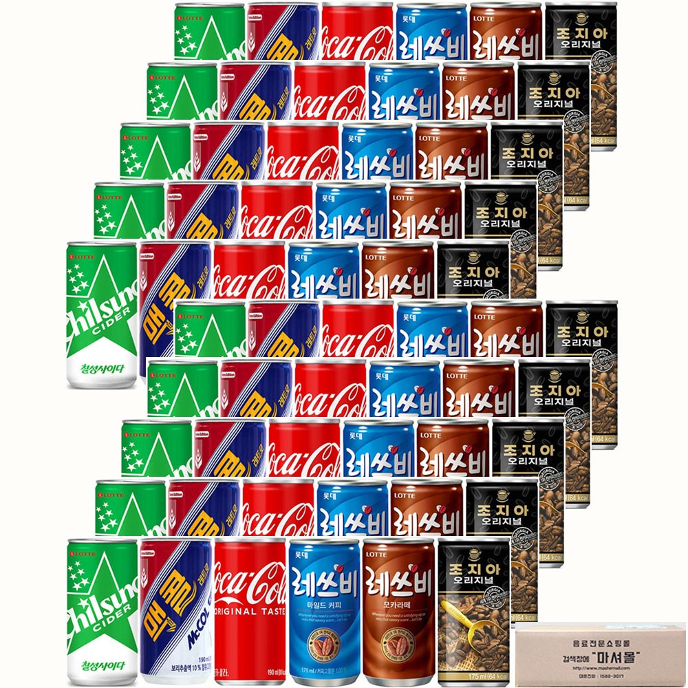 마셔몰 (탄산+커피 미니캔 혼합세트 6가지맛 각10캔씩 총60캔) (코카콜라+칠성사이다+맥콜)+(레쓰비마일드+레쓰비모카+조지아오리지널), 175ml, 60개 35,900원