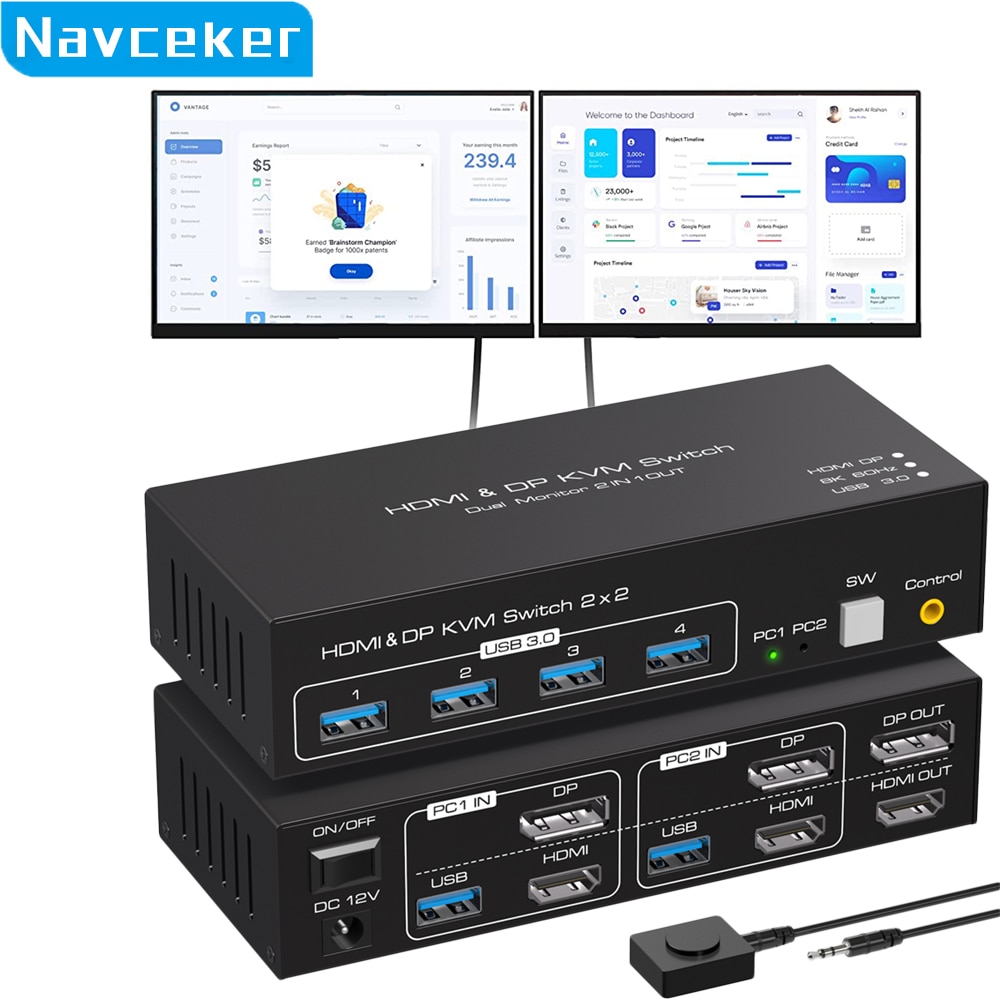 Navceker HDMI DP KVM 스위치 2x2 4K 120Hz 듀얼 모니터 확장 디스플레이 8K USB KVM 스위처 2 대 컴퓨터용 2 인 2 아웃 180,290원
