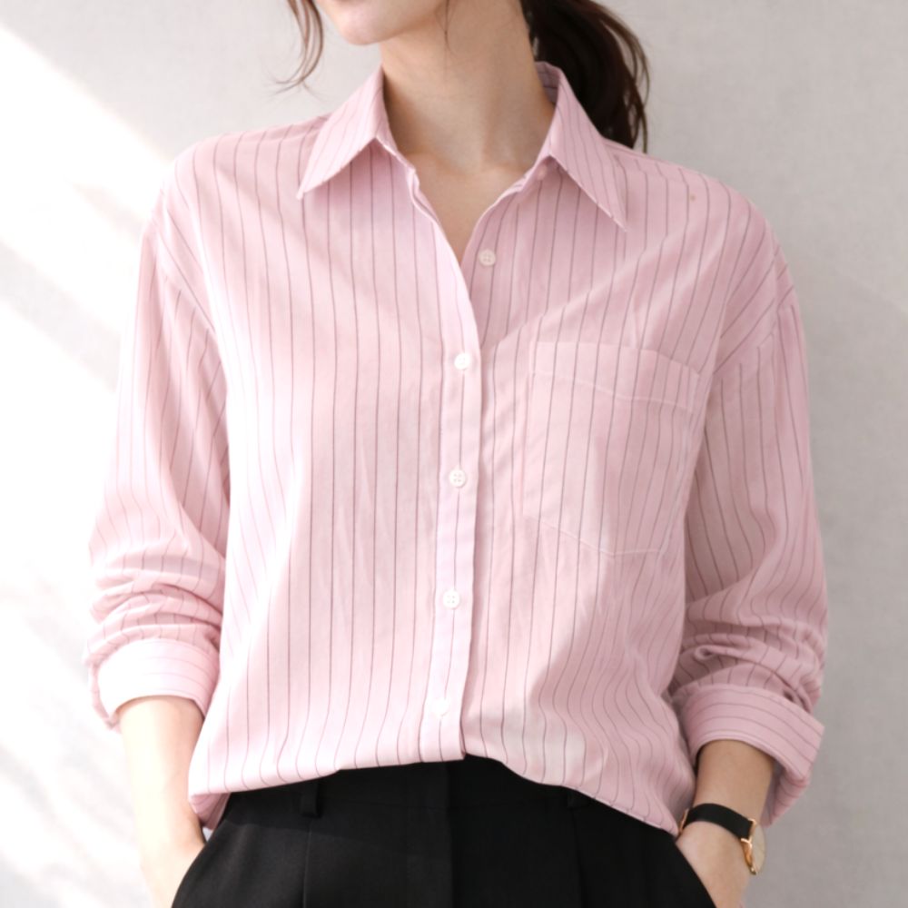 셀러크루 여성 루즈핏 핀스트라이프 셔츠 힙커버 세미오버핏 오피스 블라우스 24,900원