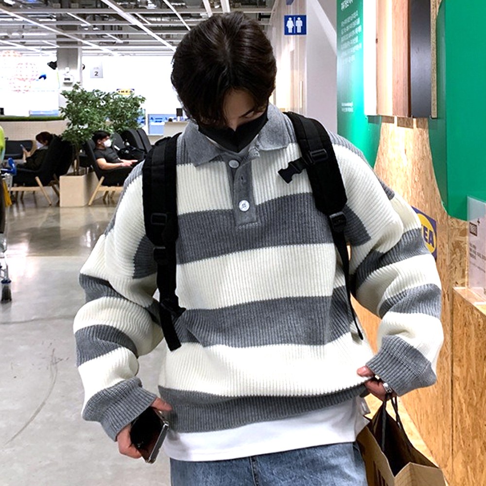 남자 오버핏 스트라이프 카라 니트티 데일리 럭비티 33,900원