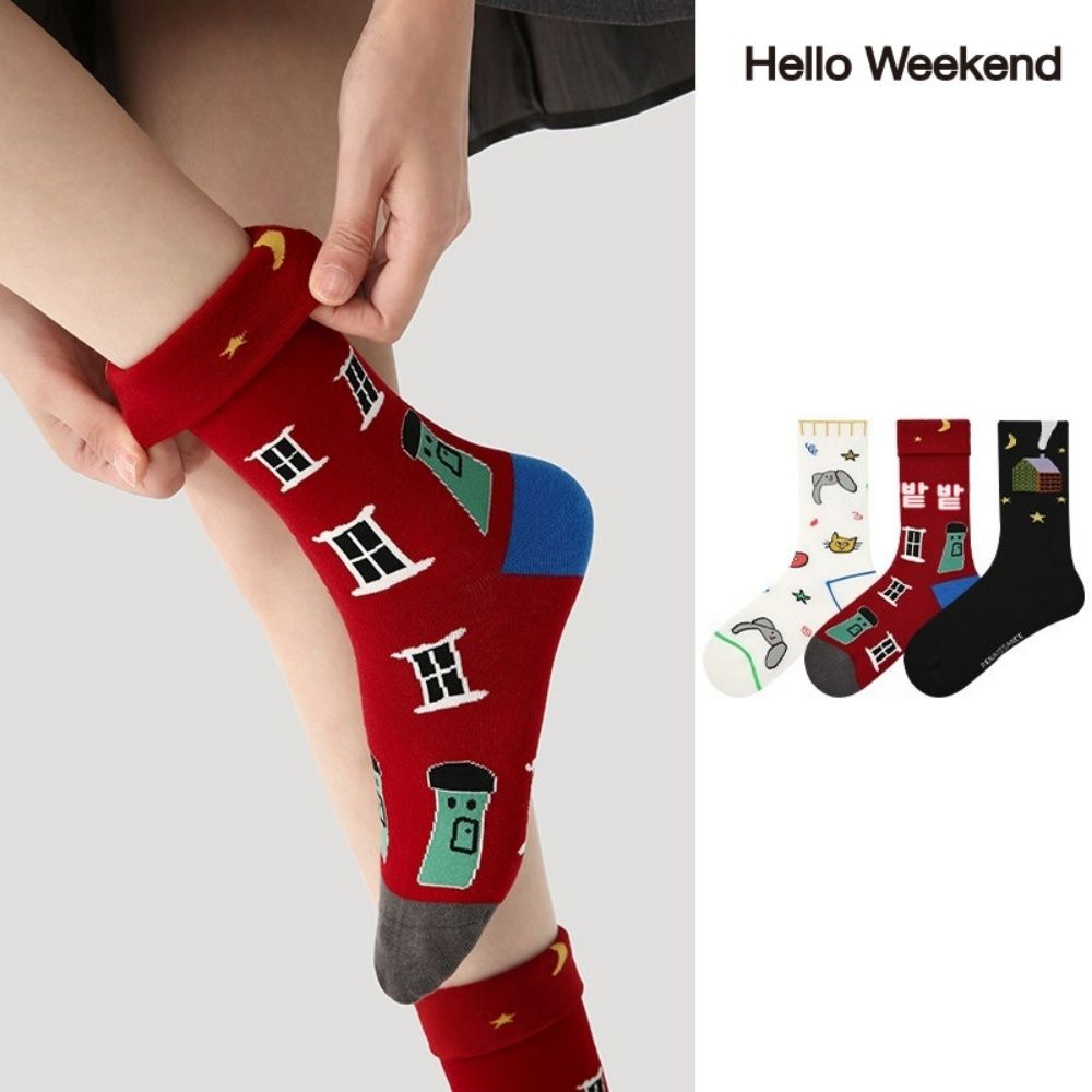 Hello Weekend 여성 양말 배색 봄여름 양말 중목 양말 장목 양말 중목 양말 편안한 무압박 운동 통기성 패션 면 양말 3족 세트 24,990원