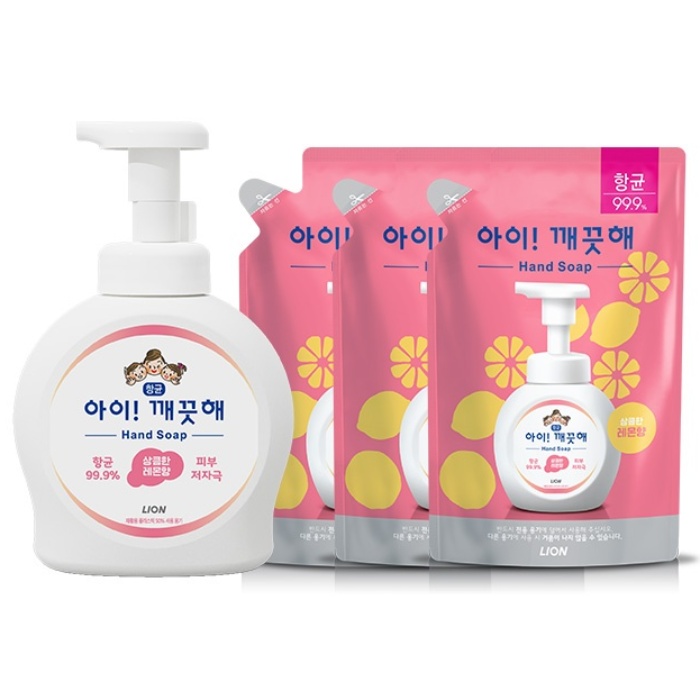 [LION] 아이깨끗해 거품형 대용량 490ml용기+450mlx3개 (레몬/청포도/순) /, 1개 15,100원