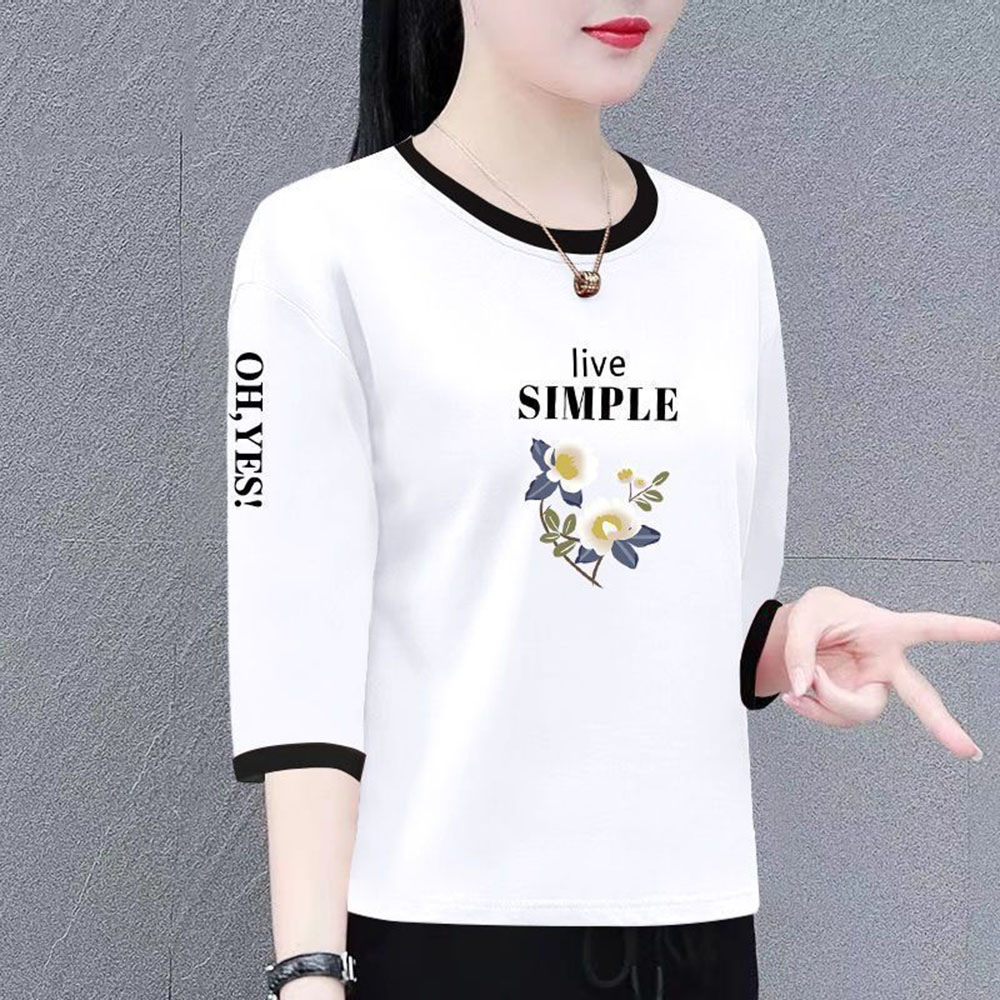 ROYALBELLE 여성 순면 배색 나그랑 프린트 루즈핏 칠부소매 데일리 캐주얼 티셔츠 V01012902 15,240원