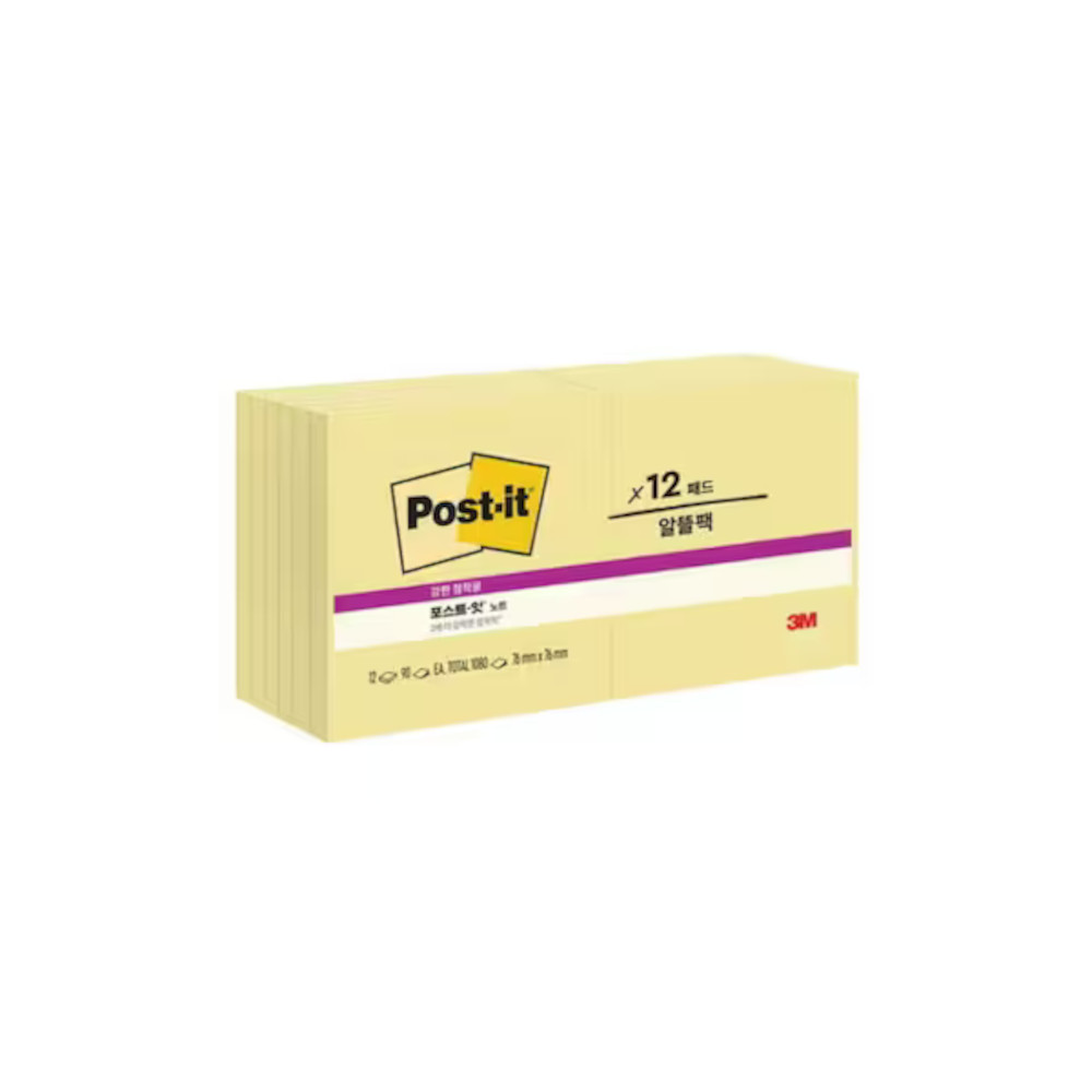 3M 포스트잇 노트 654-12 76x76mm 100매 12패드 노랑(1200장) 24,000원