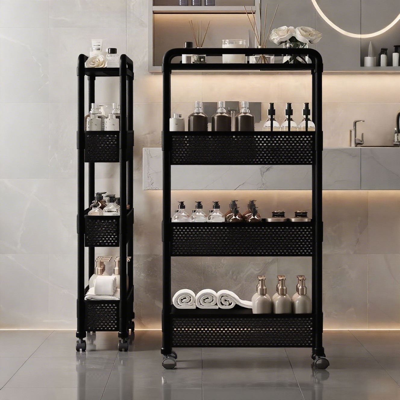 CUBBYCASE 틈새 다층 수납선반 이동식 다용도 정리대 주방 욕실 화장실 슬림 선반, Black, 1개 17,800원