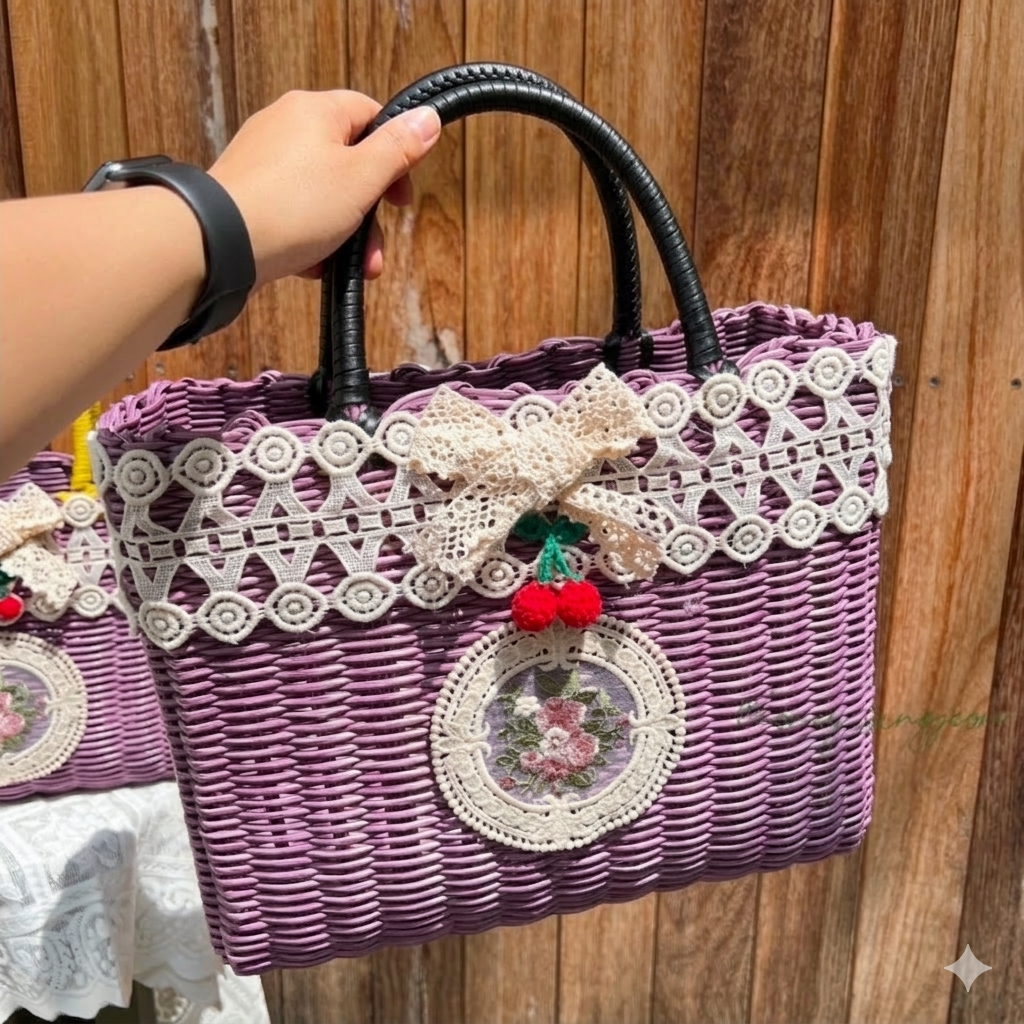 허니상점 레이스 장식 컬러 핸들 라탄가방 피크닉가방 빨대바구니 라탄 자체제작 /3size 30,000원