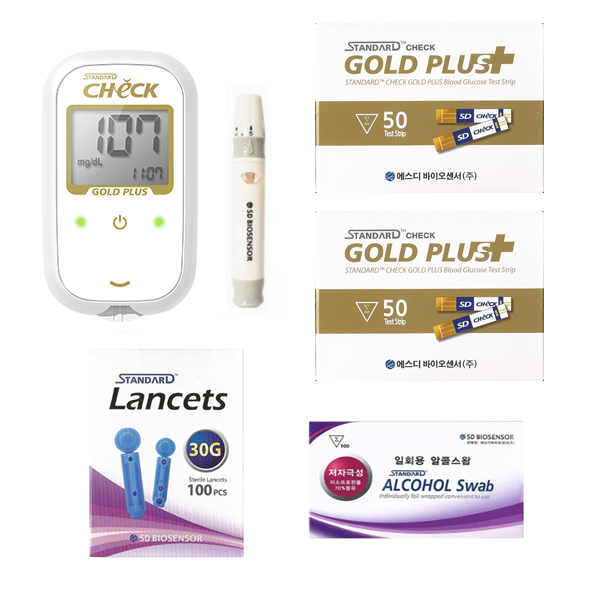 에스디바이오센서 스탠다드체크 골드플러스 혈당측정기 풀세트 (기계+시험지100매+SD채혈침110개+SD알콜솜100매+채혈기+파우치) SW 29,550원