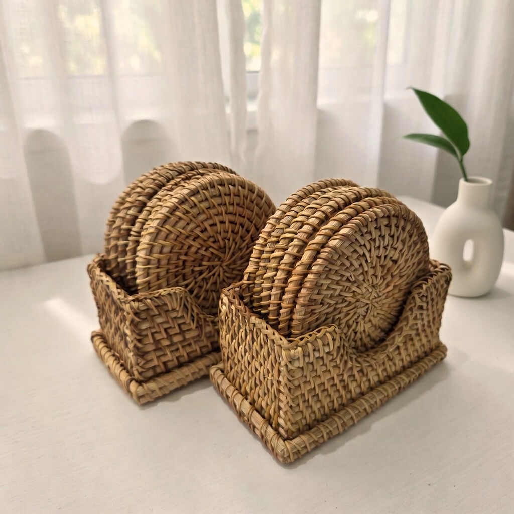 라타니에 라탄 코스터 티코스터 6p+홀더 세트 홈카페 컵받침, 브라운 18,800원