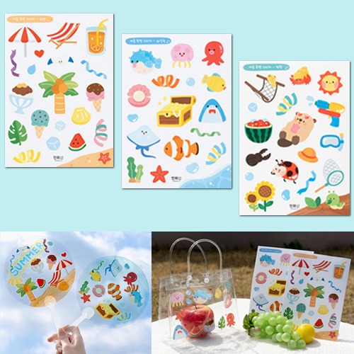 투명 여름 스티커 데코 비치볼 비치백 부채 우산 소품 꾸미기 다이어리 DIY 초등 어린이, 여름투명스티커(방학) 1,490원