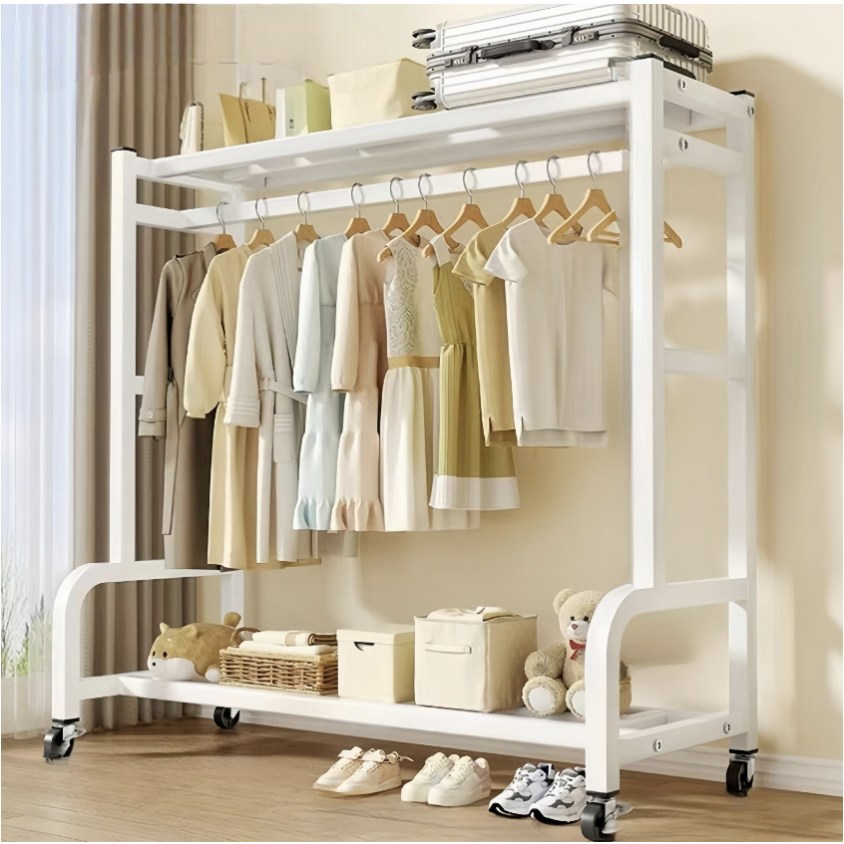 BILIMO 튼튼한 철제 스탠드 2단 선반 이불 케리어 수납 가능한 이동식 옷걸이 행거, 화이트 49,800원