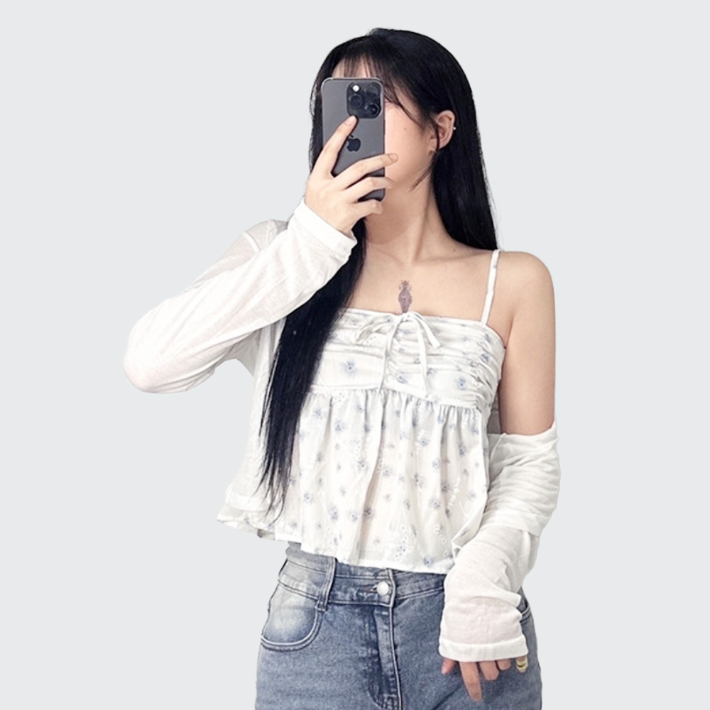 플라워 여리 프릴 레이어드 셔링 스트링 홀터넥 나시 가디건 세트 SET 33,900원