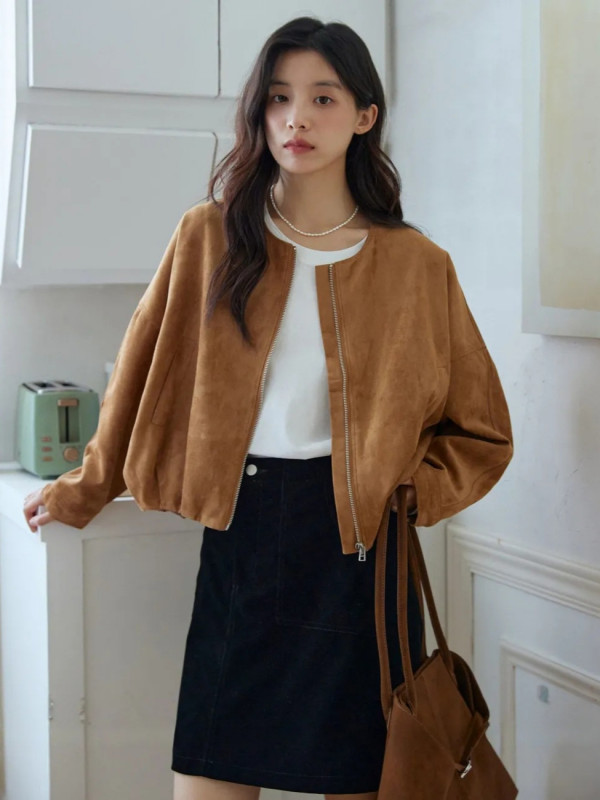 스웨이드 소재 가을 여성 캐주얼 숏 재킷 모터사이클 스타일 활용도 높은 디자인 34,300원