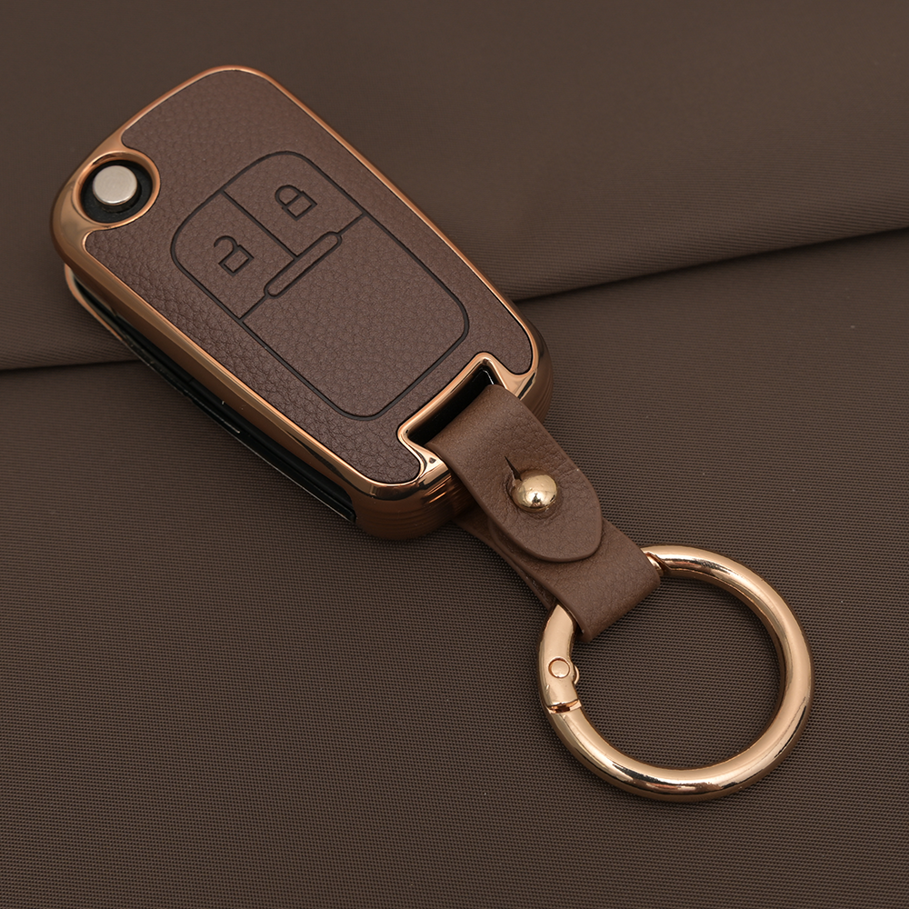 쉐보레 아베오 트랙스 라세티 크루즈 말리부 호환 TPU 프리미엄 가죽 자동차 스마트 키 케이스 키홀더, 2버튼TL01, 브라운골드 18,900원