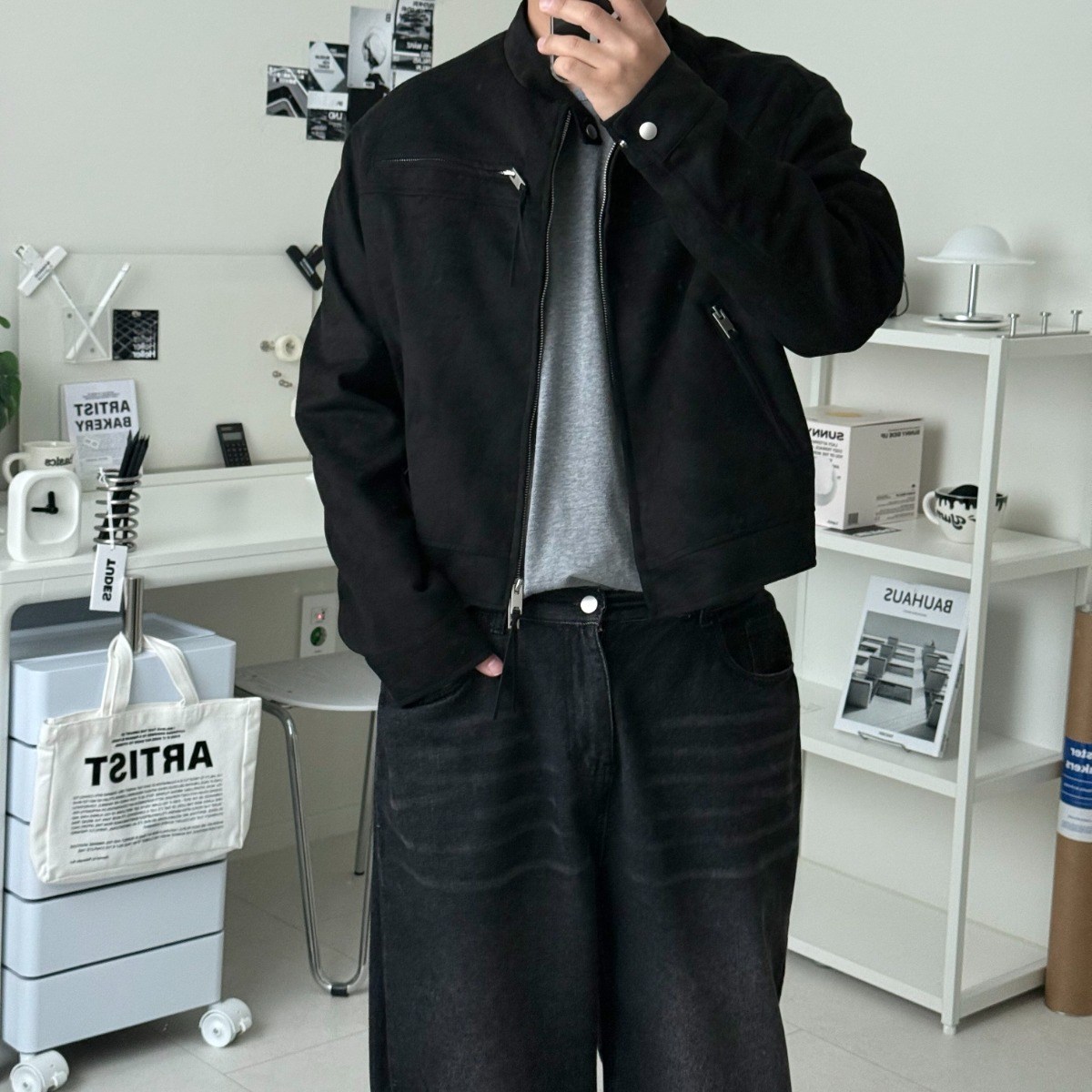 르위 크롭 스웨이드 바이커 트러커 자켓 차이나카라 오버핏 점퍼 59,000원