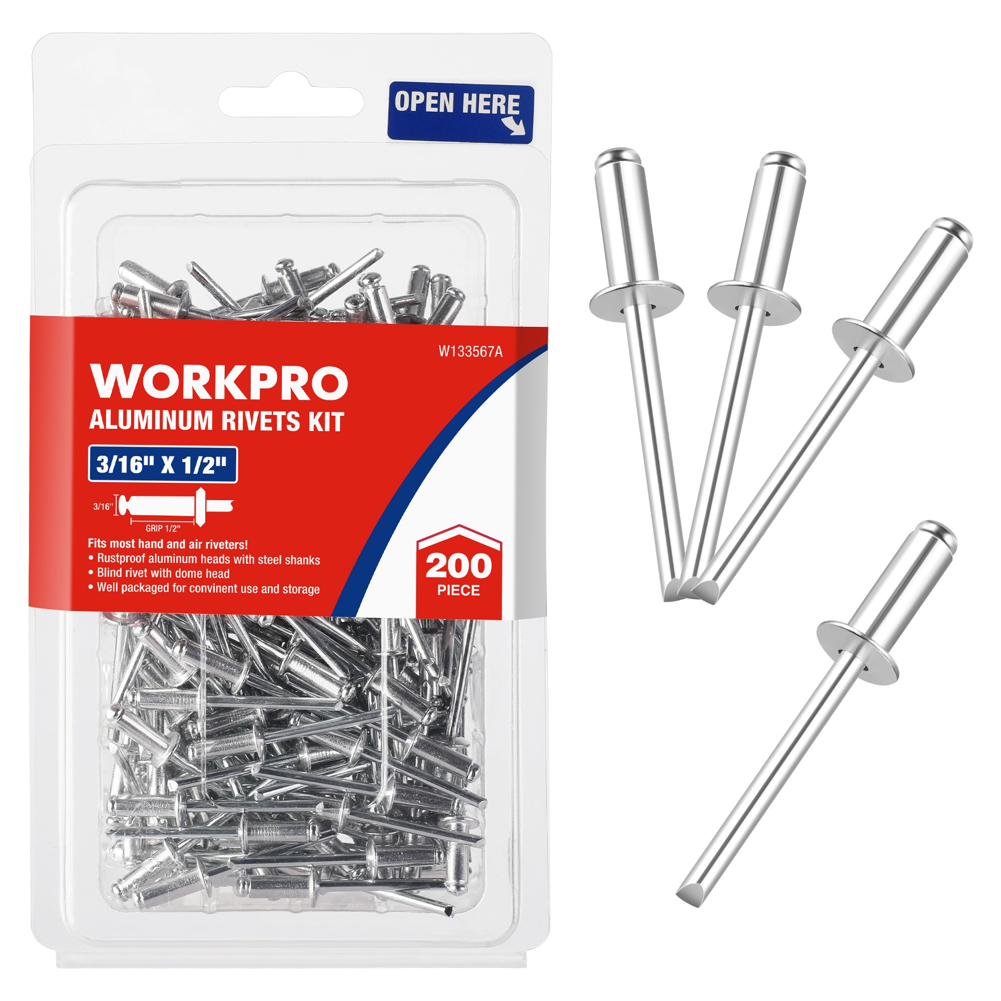 WORKPRO 고급 내구 4.8X12.7mm 리벳못 리벳트 부품 200PC, 1세트 15,300원