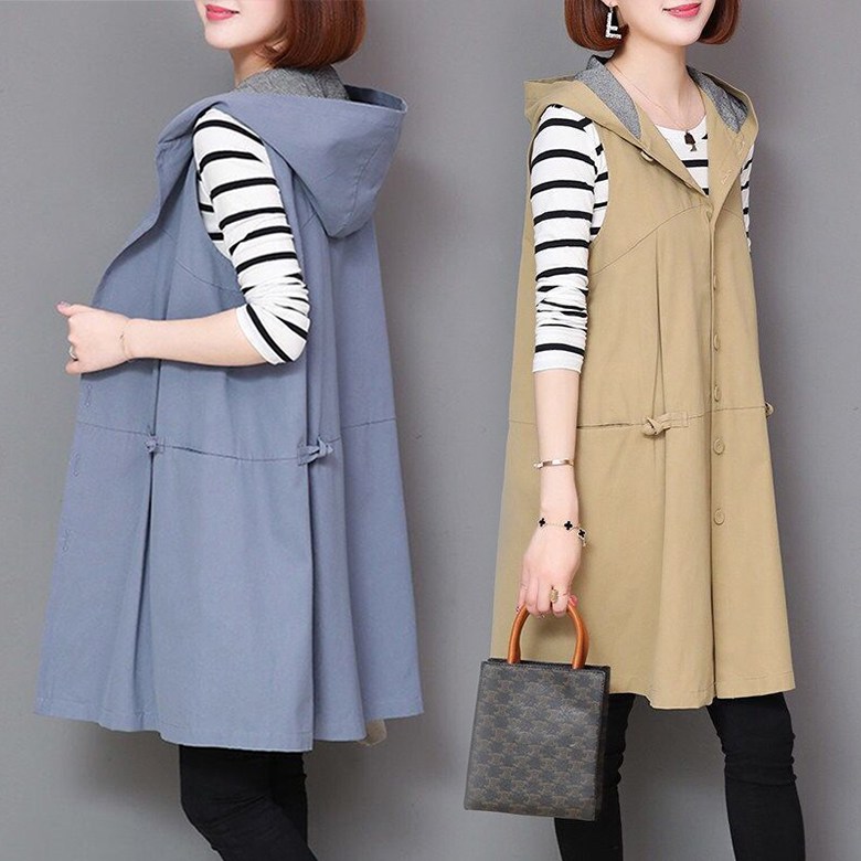 M-4XL 중년여성 미디움 후드 베스트 조끼 빅사이즈 봄 가을 민소매 바람막이 점퍼 데일리 롱조끼 여성 상의 28,600원