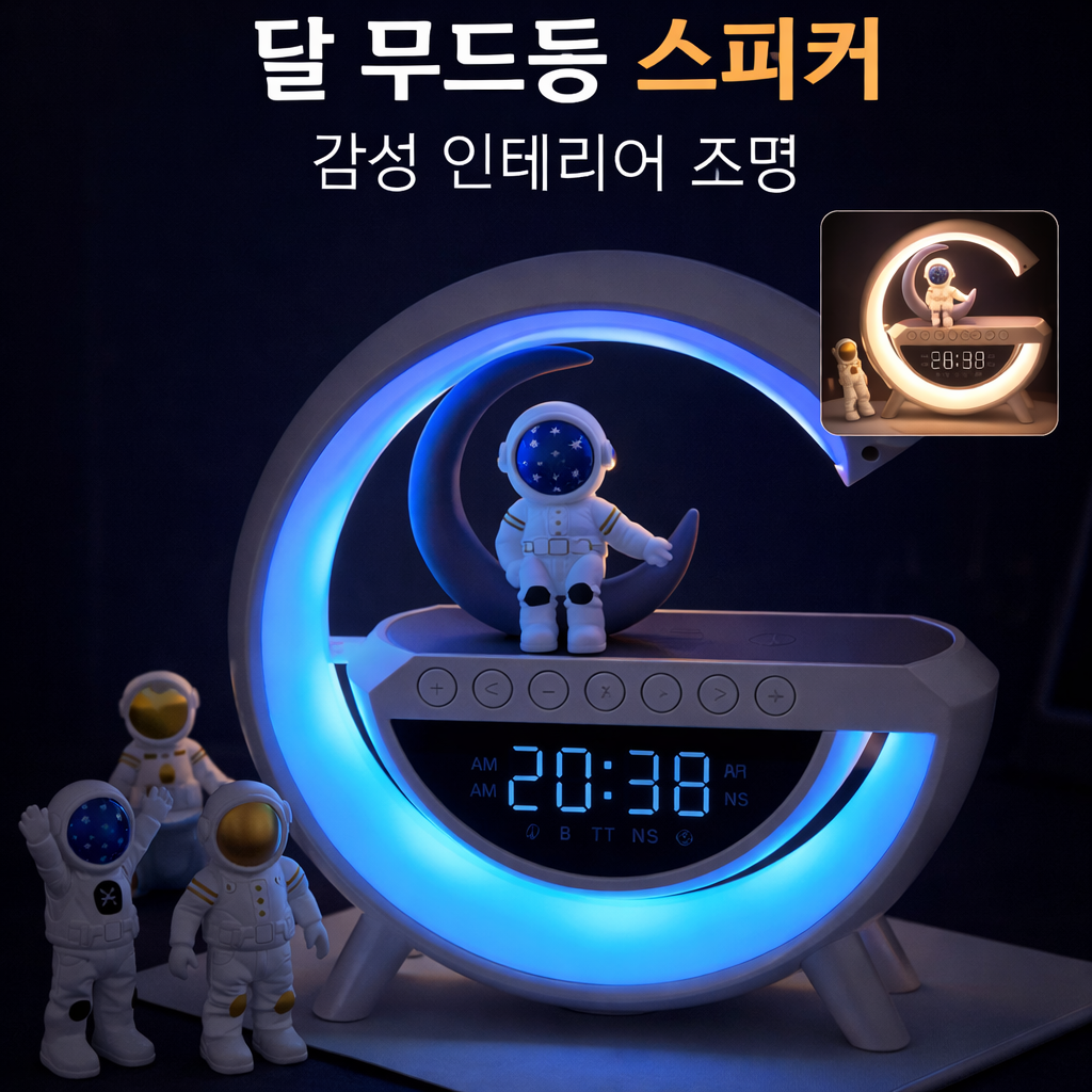 달 무드등 블루투스 스피커 시계 알람 무선충전 감성 인테리어 조명, 흰색 + 우주비행사 4명 [선물용 추천], 3402 48,800원