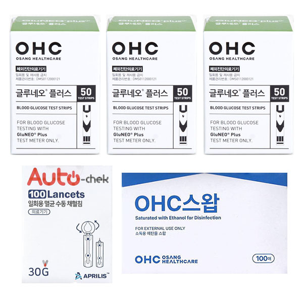오상헬스케어 글루네오 플러스 혈당시험지 당뇨혈당체크지 세트 (혈당시험지 150매 + 채혈침 100개 + 알콜솜 100매) elevee 30,500원