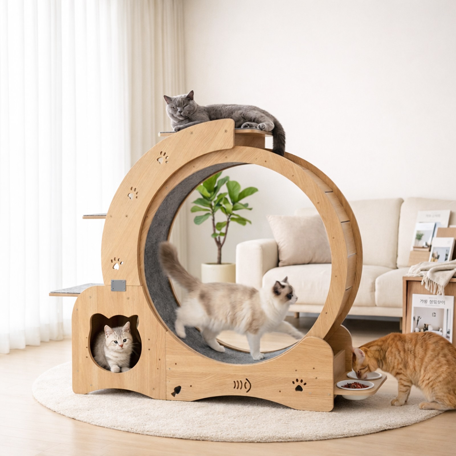 고품질 목재 고양이 러닝 휠 캣휠 캣타워 겸용 운동+휴식+놀이 3in1 디자인 소음방지 매트+급식 트레이+장난감 포함 반려묘 건강 관리 펫용품, 1개, 원목색 115,000원