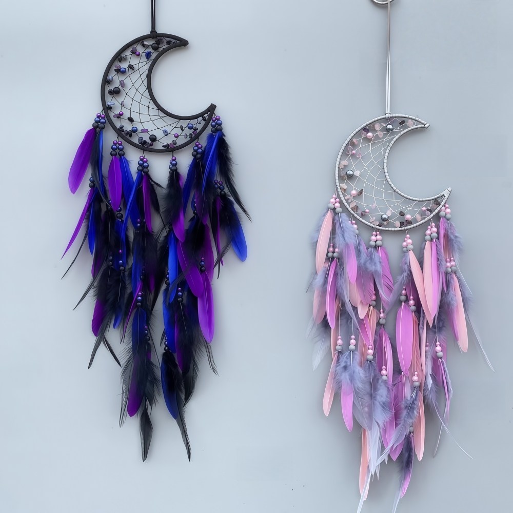 인도 스타일의 드림캐쳐, 달, 진주와 크리스탈이 반짝이며, 수제 만들어진 벽 장식, 다채로운, 월 빗 - 파란 보라색 14,990원