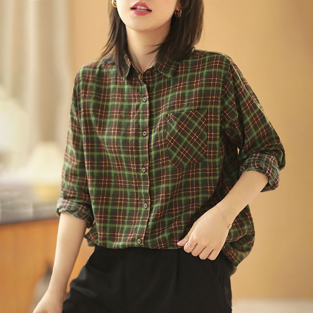 지고다그 여성용 간절기용 체크 면마 긴팔 셔츠 루즈핏 캐주얼 베이직 데일리 상의 YY31437 21,900원