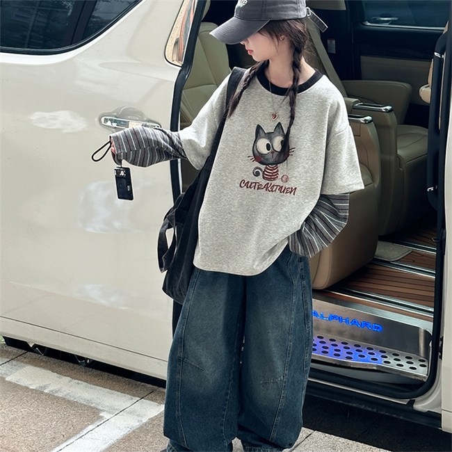 비비키드 신상 고양이 캐릭터 스트라이프 페이크 레이어드 주니어 상의 초등생 하의 세트 여아 봄 가을 세트 초중생 긴팔 데님 긴바지 초등생 상하세트 (99587) 43,800원