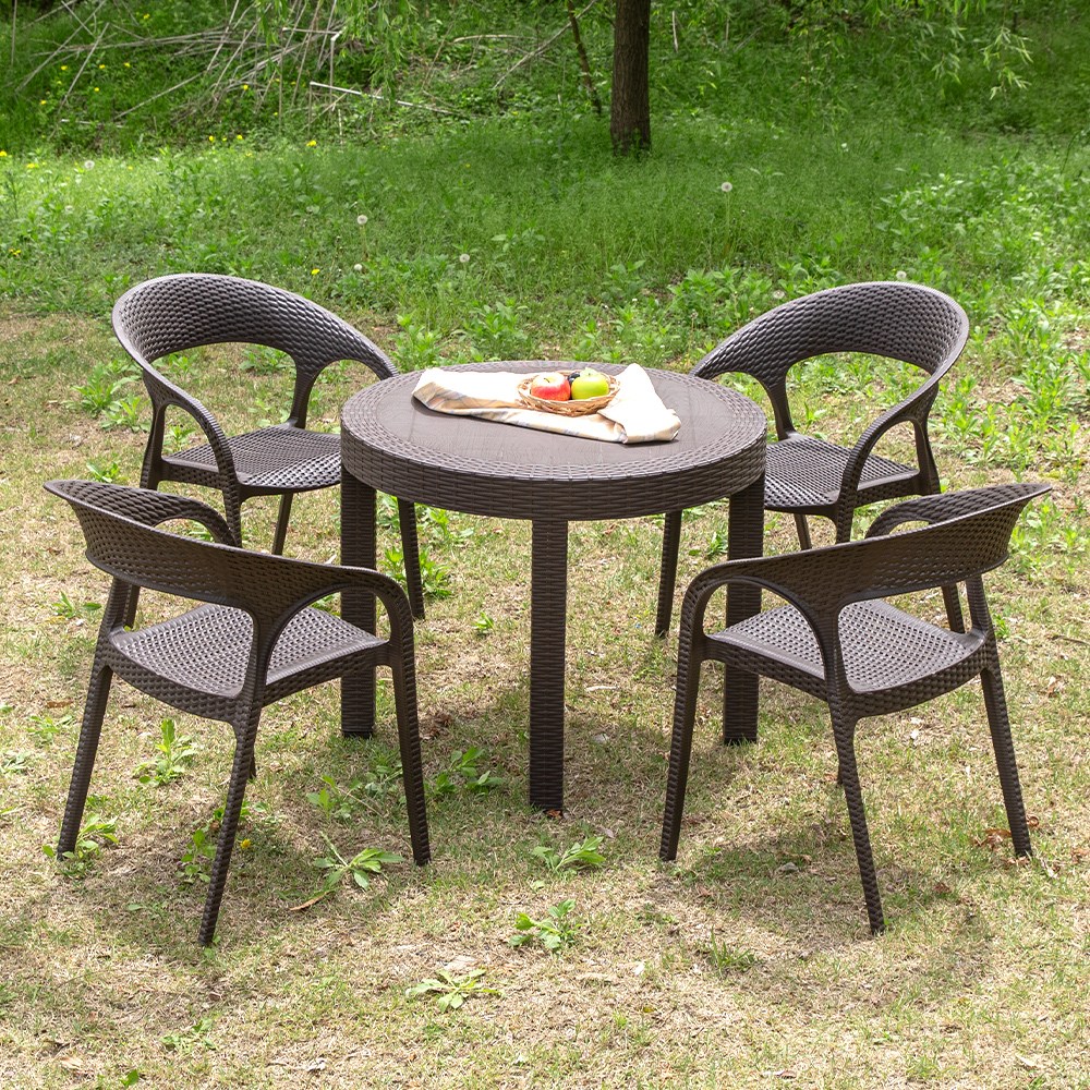 모니카 900 원형 럭스 4인 야외 라탄 테이블 세트, 브라운 231,600원