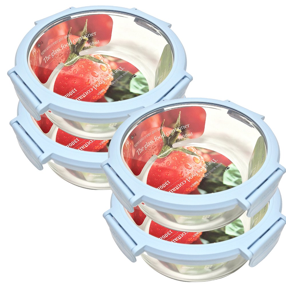 휴홈 더 투명한 바이오 글라스 유리 밀폐용기 원형 4종, 1.3L, 4개 34,800원