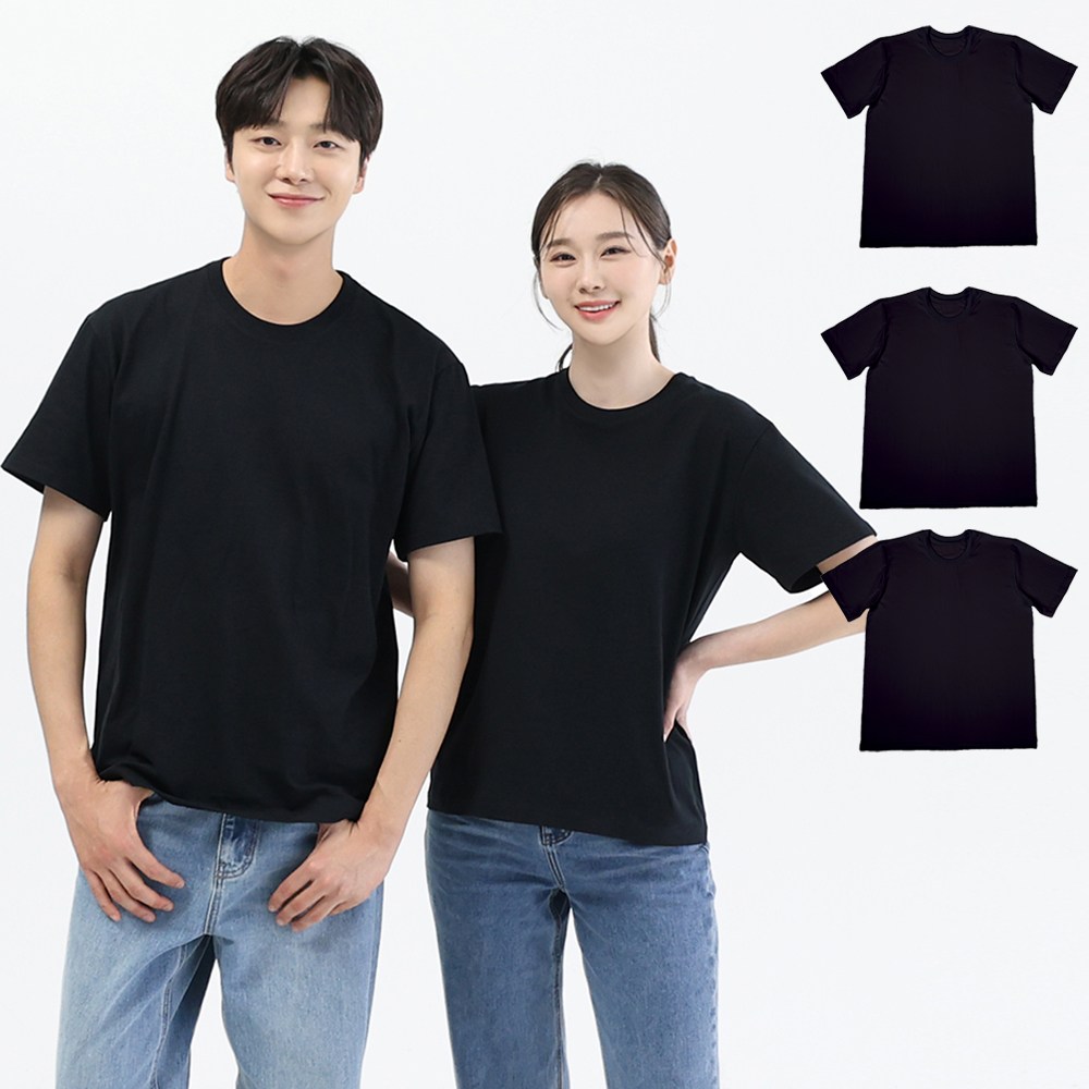 [1+1+1] 면 100% 20수 국내생산 베이직 반팔 남녀공용 블랙 라운드 무지 티셔츠 19,500원