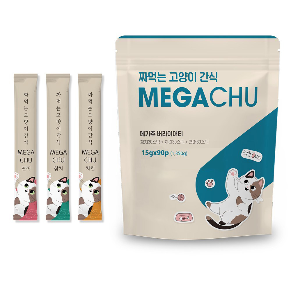 메가츄 짜먹는 고양이 간식 츄 90스틱 대용량, 연어+치킨+참치, 15g, 90개 17,700원