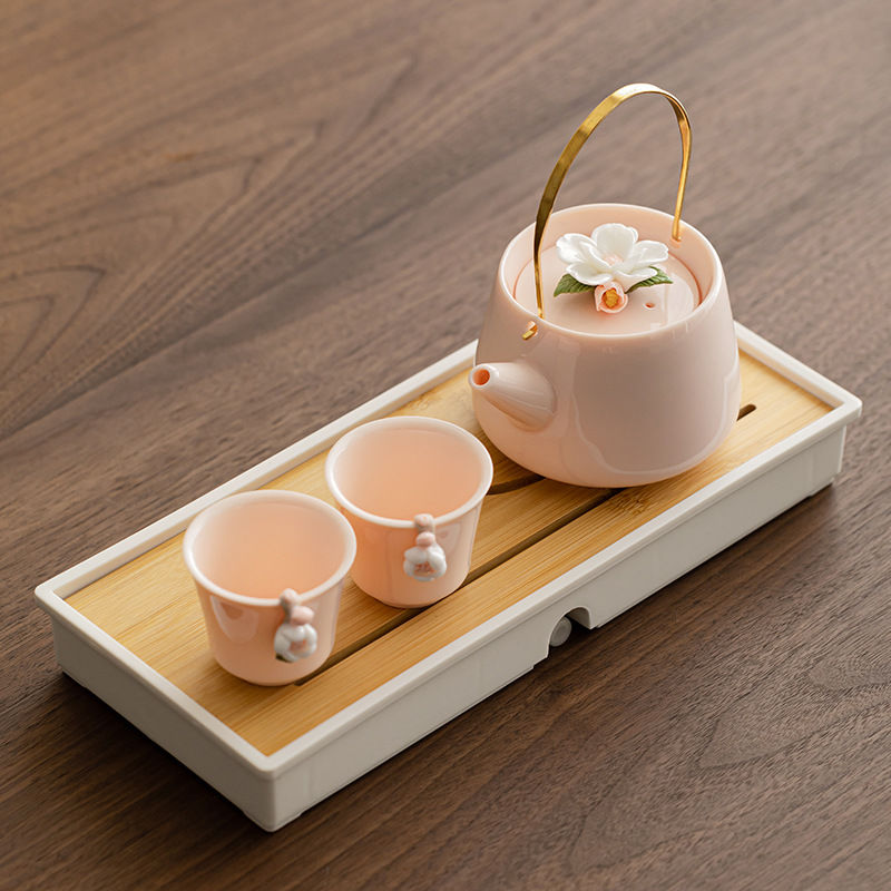 MAKABORO 도자기 다기세트 티포트 +다반+차잔 2p 심플 가벼운 대나무 다도 트레이 세트, 1세트, 핑크 23,800원