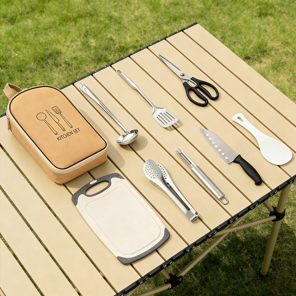 C.partner 다기능 캠핑 주방 도구 세트 (9개 구성), 1세트, 카키색 옷감 29,900원