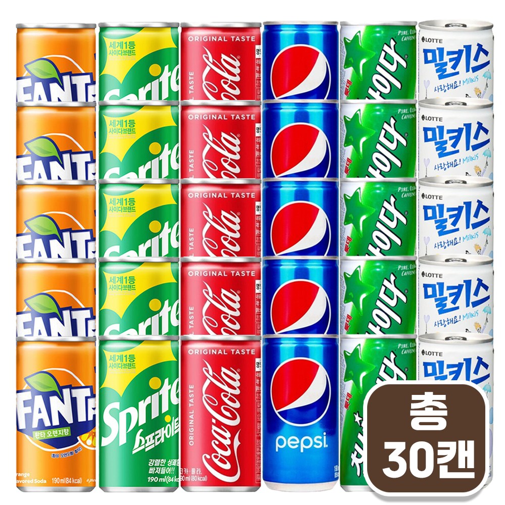 마셔몰 탄산음료 세트 6가지맛 각10캔씩 총60캔 코카콜라 스프라이트 환타 칠성사이다 펩시 밀키스 23,500원
