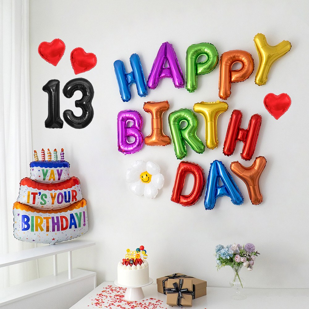 해피제이니 생일이벤트 풍선 레터링 가랜드 레인보우 생일 파티용품 세트, 1세트, 레인보우 숫자13 14,900원